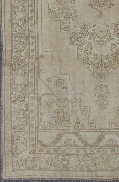 Vintage Turkish Oushak Rug in Light Colors, Sand, Taupe, Pale Green& Brown