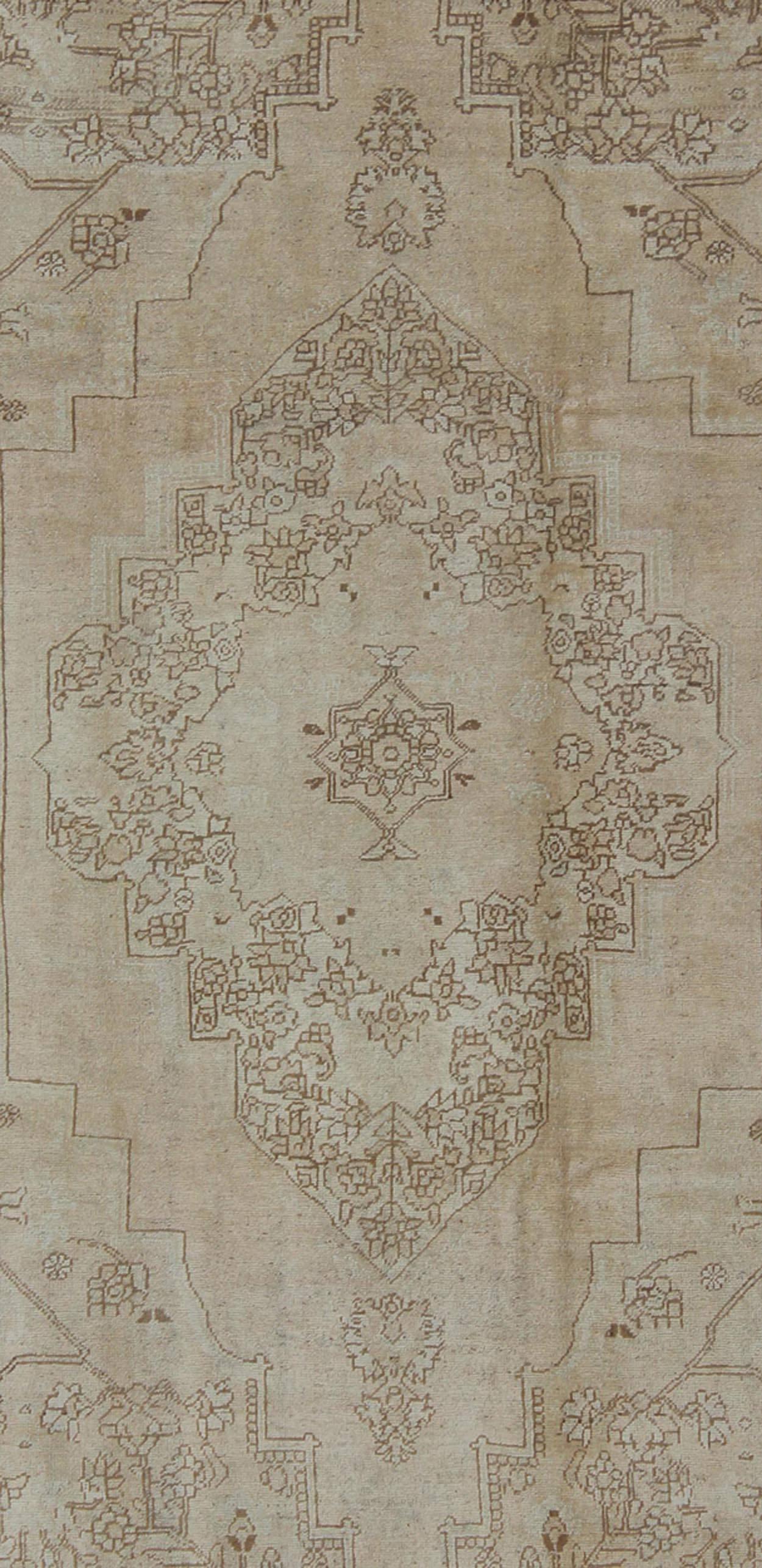 Hand-Knotted Vintage Turkish Oushak Rug in Light Colors, Sand, Taupe, Pale Green& Brown For Sale