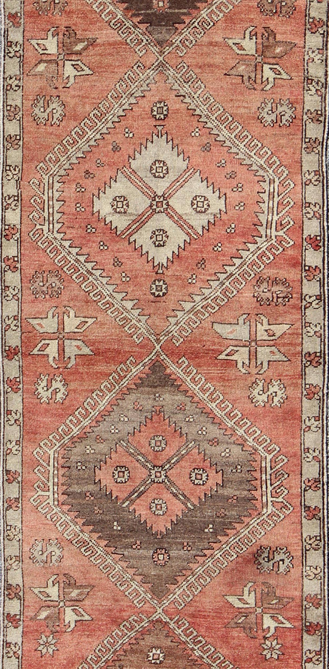 Hand-Knotted Geometric Vintage Turkish Oushak Runner with Medallions in Red and Brown For Sale