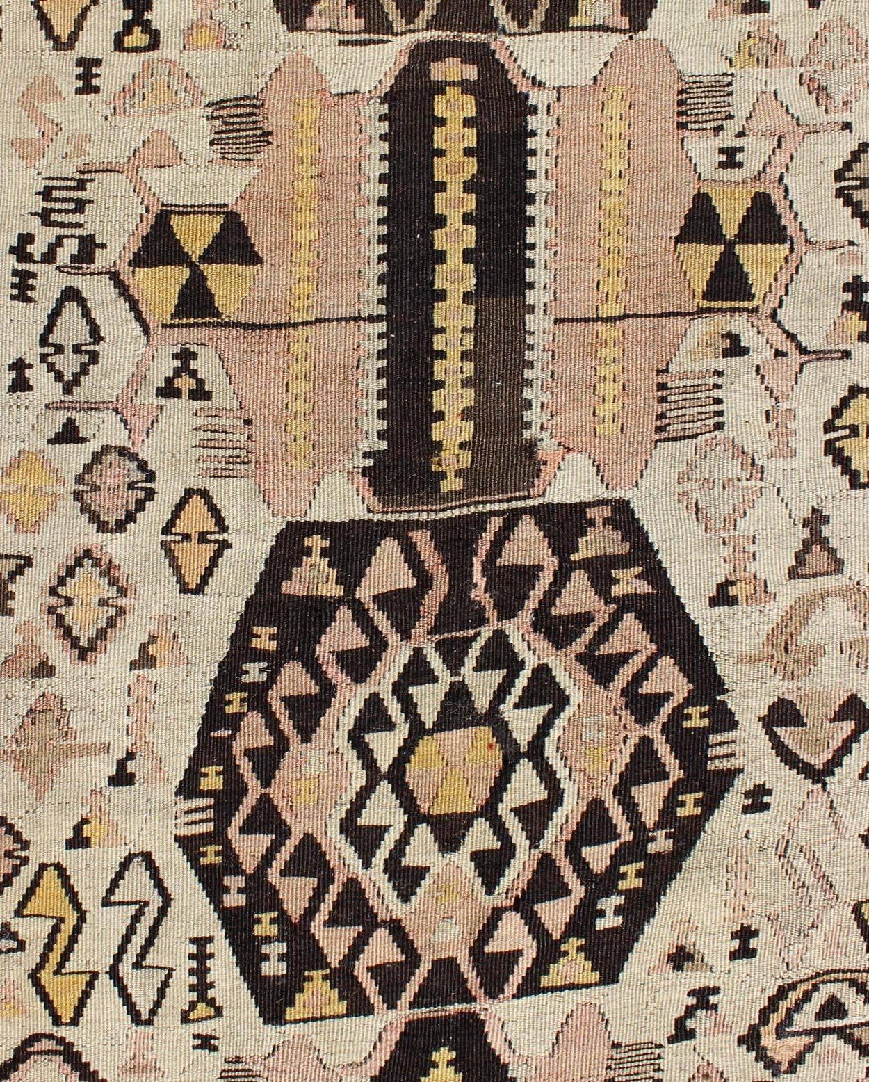 Hand-Woven Vintage Turkish Kilim Gallery Rug with Tribal Design in Brown, Pink and Yellow For Sale