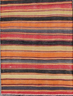 Kilim Runner with Multicolor Horizontal Stripes in Red, Orange and Black