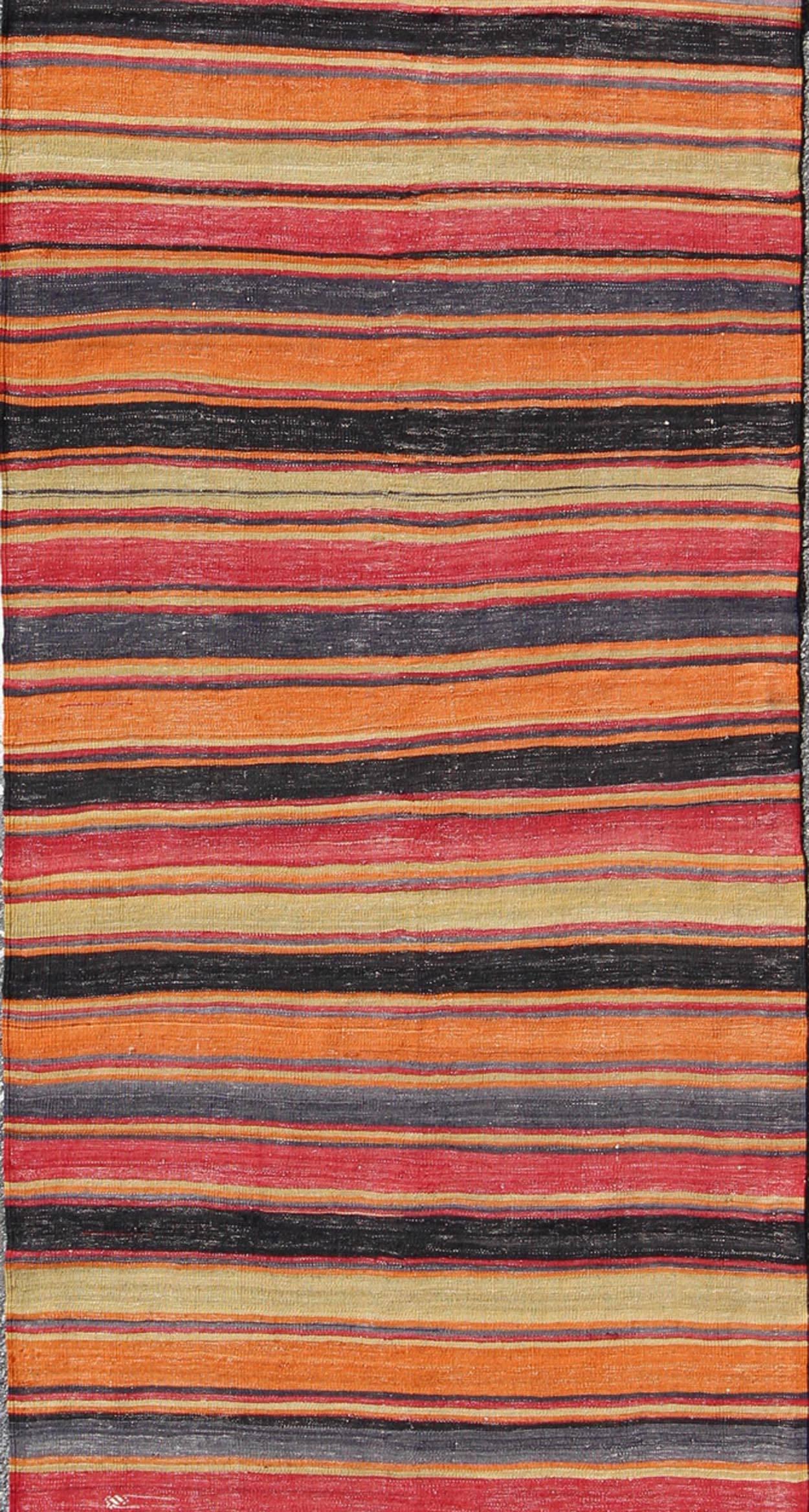 Oushak Multicolored Vintage Turkish Kilim Rug with Horizontal Stripe Design For Sale