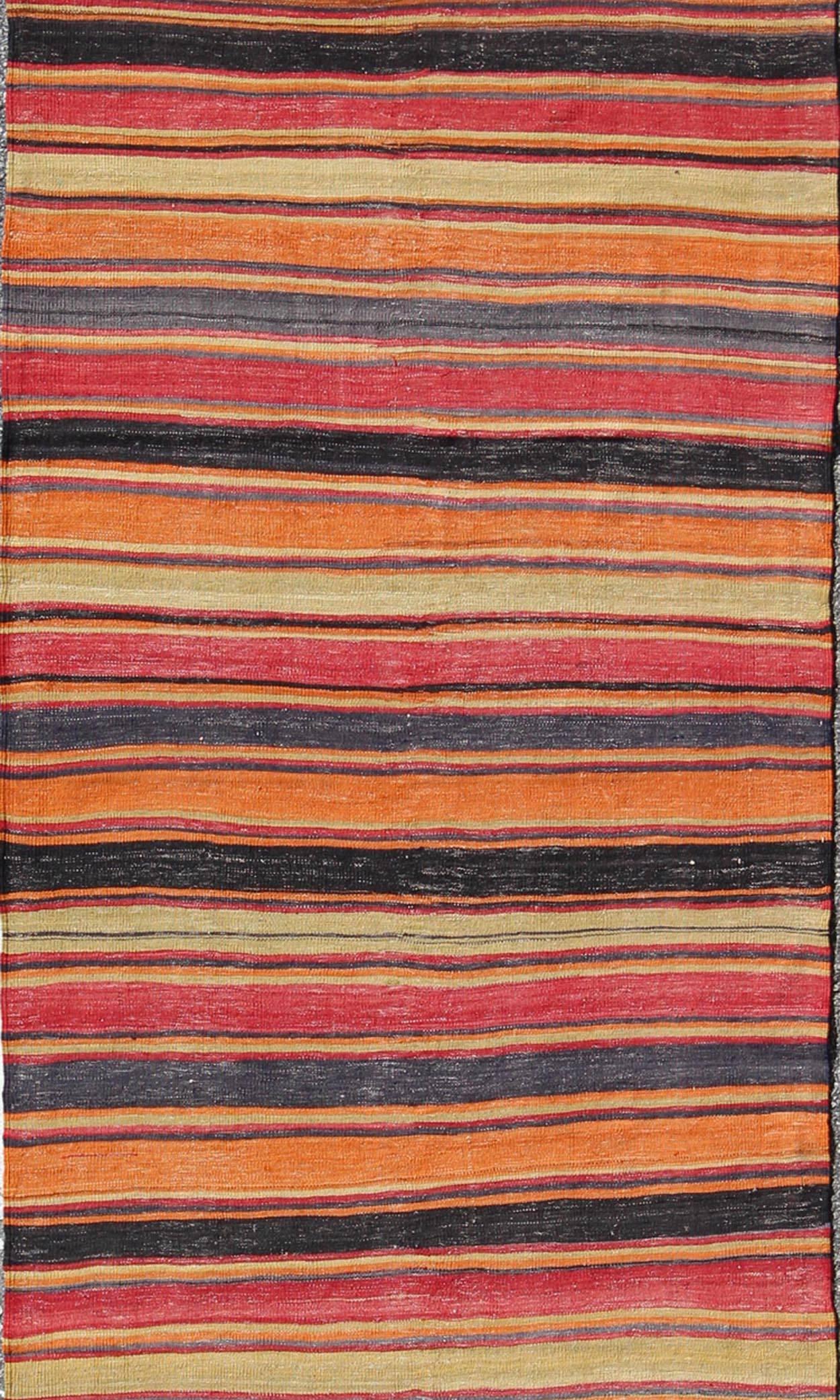 Hand-Woven Multicolored Vintage Turkish Kilim Rug with Horizontal Stripe Design For Sale