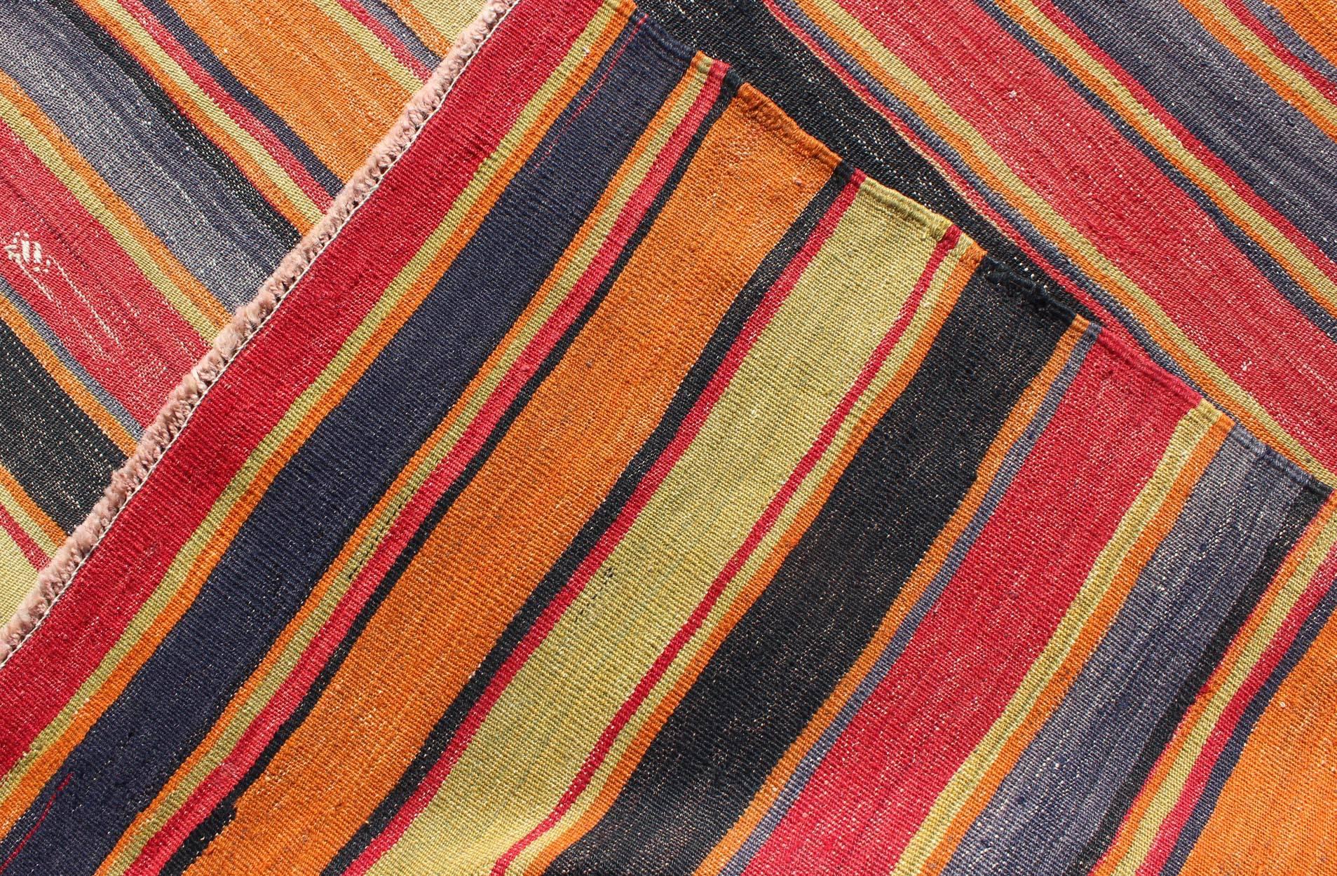 Wool Multicolored Vintage Turkish Kilim Rug with Horizontal Stripe Design For Sale