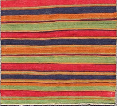 Vintage Kilim Runner with Horizontal Stripes in Orange, Green, Blue, Red, Gold