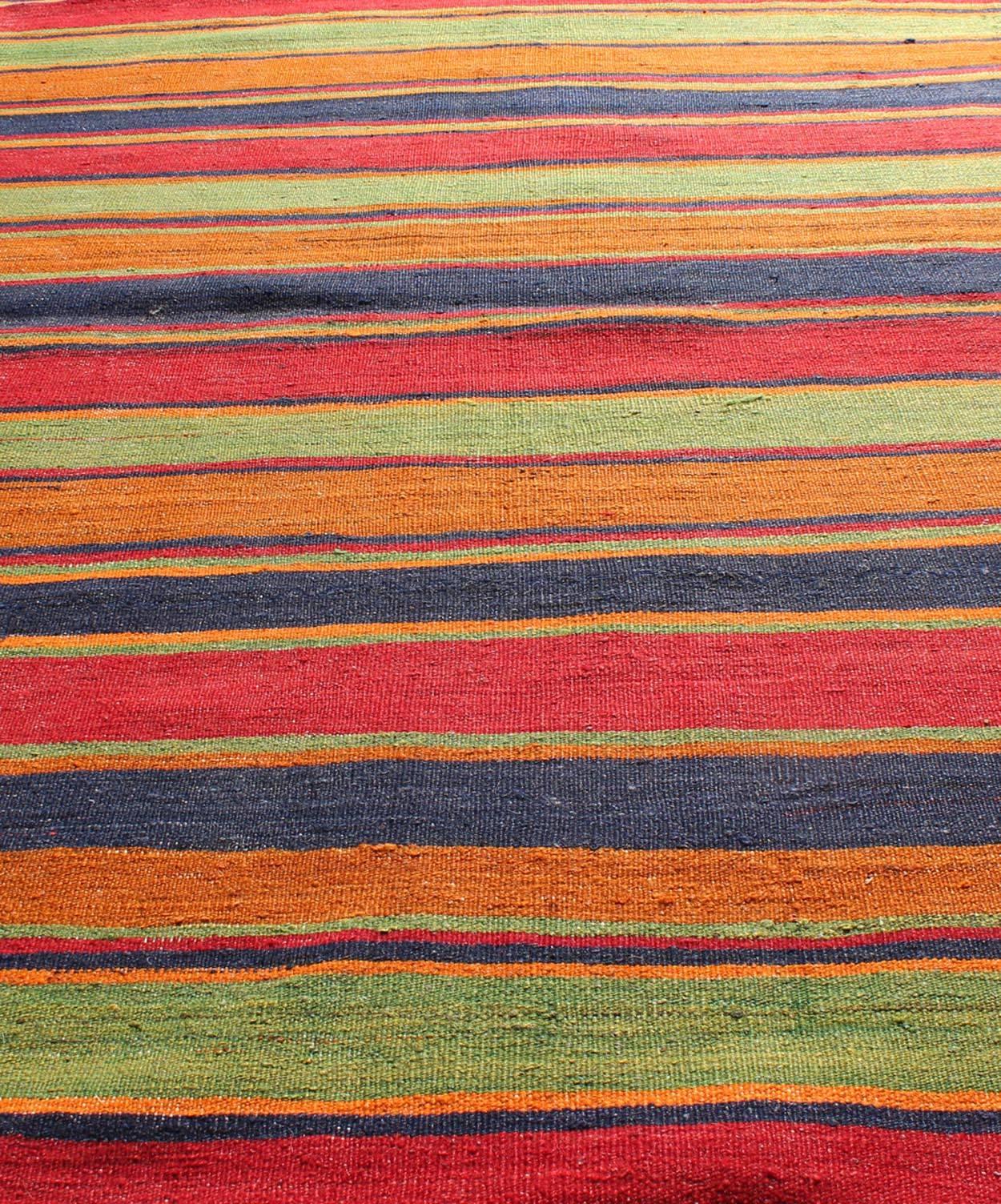 Vintage Kilim Runner with Horizontal Stripes in Orange, Green, Blue, Red, Gold In Excellent Condition For Sale In Atlanta, GA