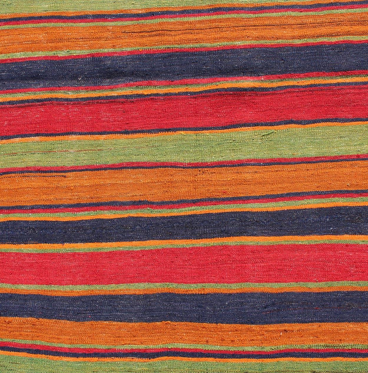 20th Century Vintage Kilim Runner with Horizontal Stripes in Orange, Green, Blue, Red, Gold For Sale