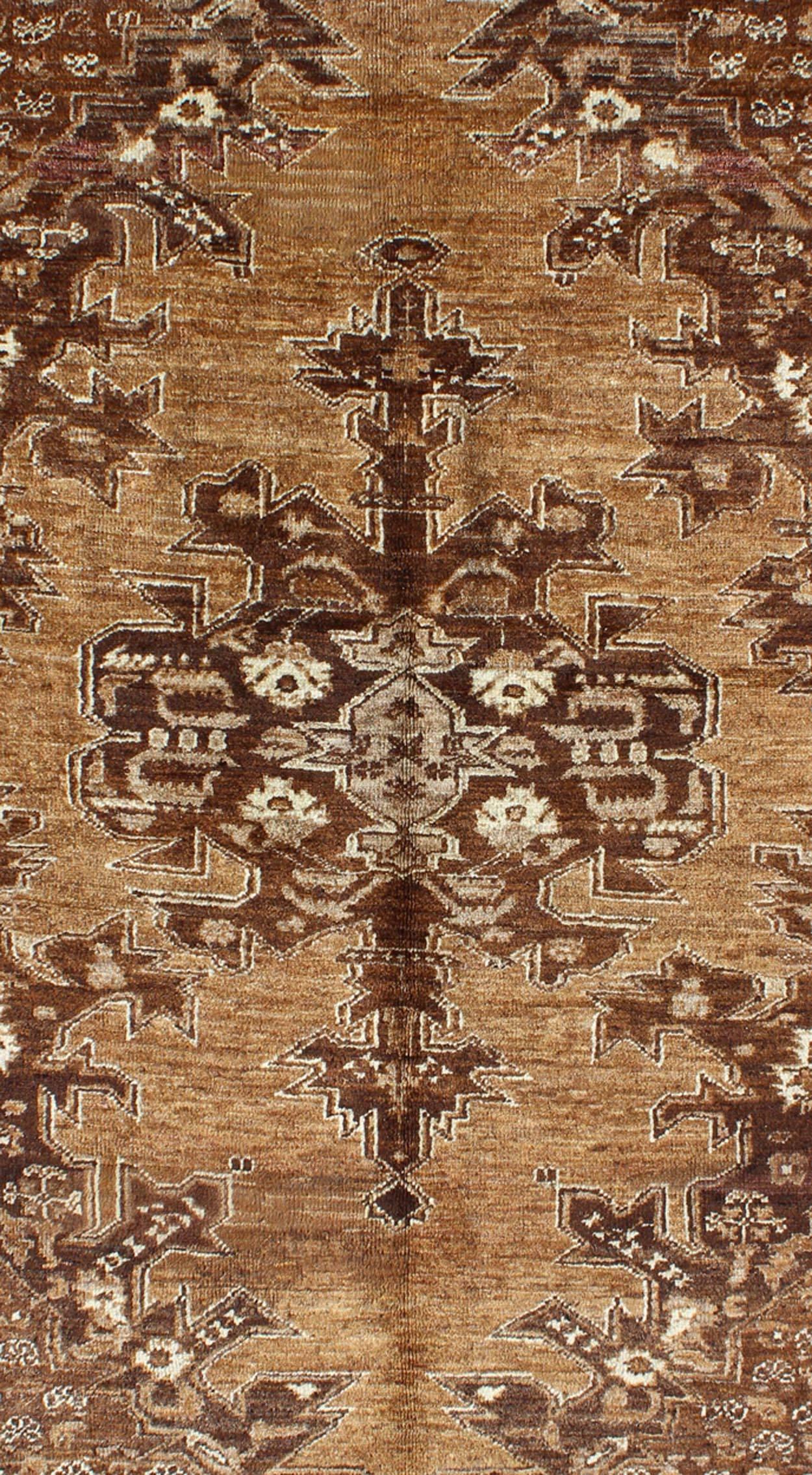 Hand-Knotted Brown & Caramel Tones Antique Turkish Oushak Rug With Multi-Layered Medallion
