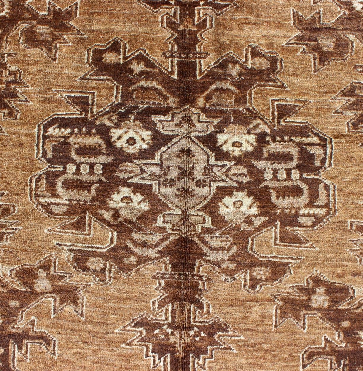 Wool Brown & Caramel Tones Antique Turkish Oushak Rug With Multi-Layered Medallion