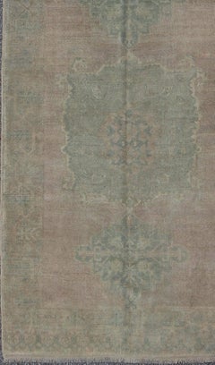 Vintage Turkish Oushak Gallery Rug with Soft Green With Medallion's