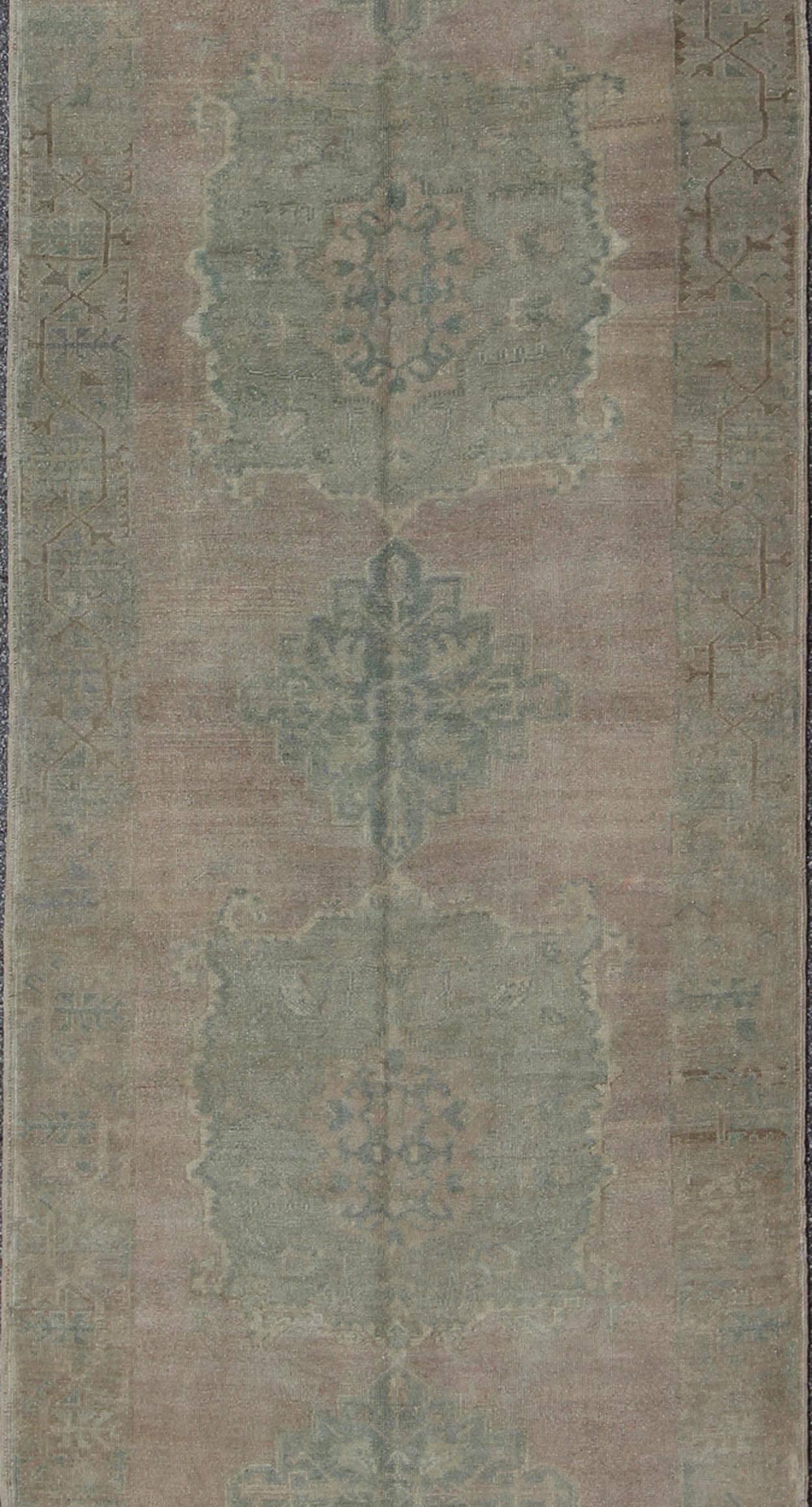 Hand-Knotted Faded Vintage Turkish Oushak Runner with Dual-Medallion in Lavender and Green For Sale