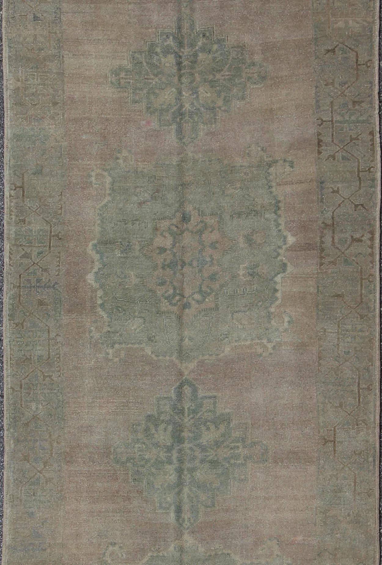 Faded Vintage Turkish Oushak Runner with Dual-Medallion in Lavender and Green In Excellent Condition For Sale In Atlanta, GA