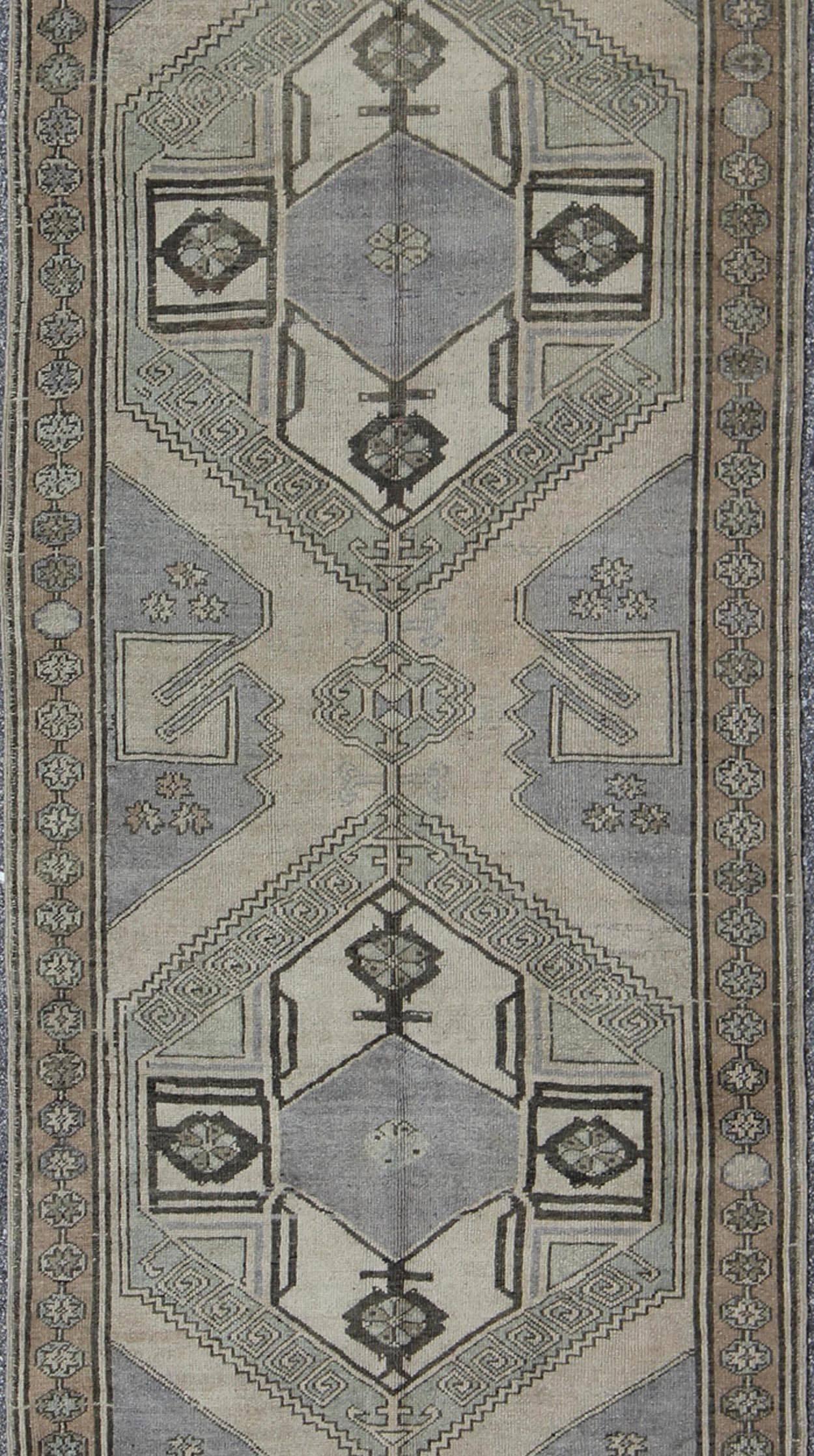 Hand-Knotted Mid-Century Turkish Oushak Vintage Runner with Dual Medallions in Lavender, Gray