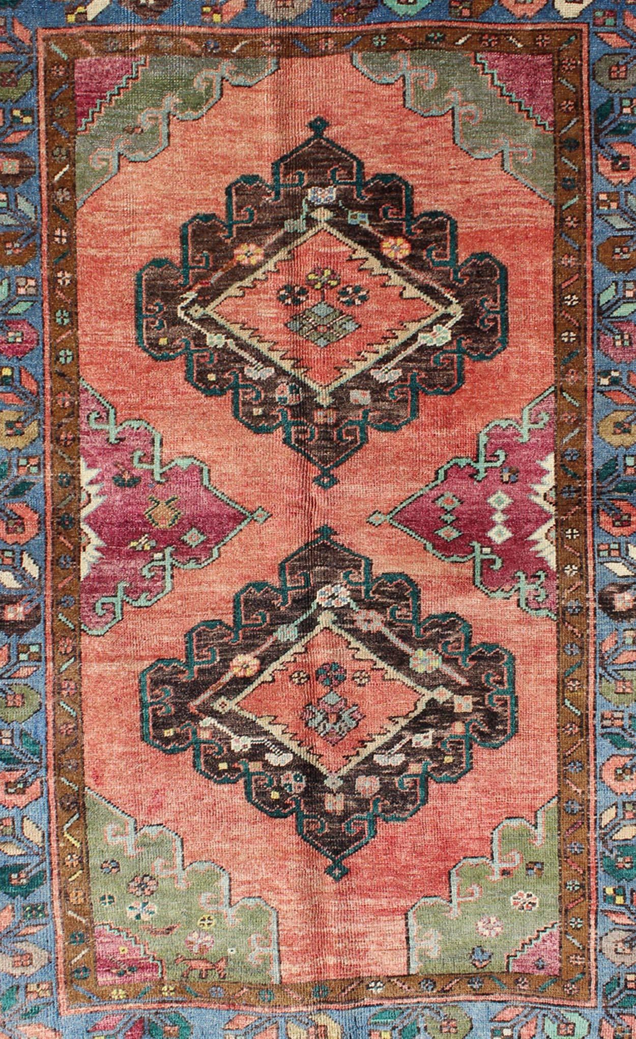 Hand-Knotted Colorful Dual-Medallions Mid-Century Turkish Oushak Rug with Floral Design For Sale