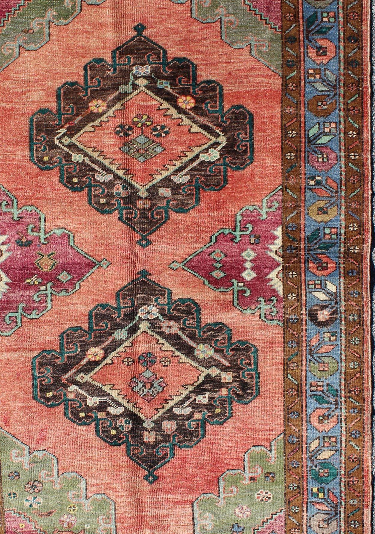 Colorful Dual-Medallions Mid-Century Turkish Oushak Rug with Floral Design In Excellent Condition For Sale In Atlanta, GA