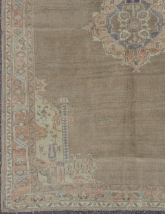 Vintage Turkish Oushak Rug with Taupe, Coral, Blue and Soft Green Tones