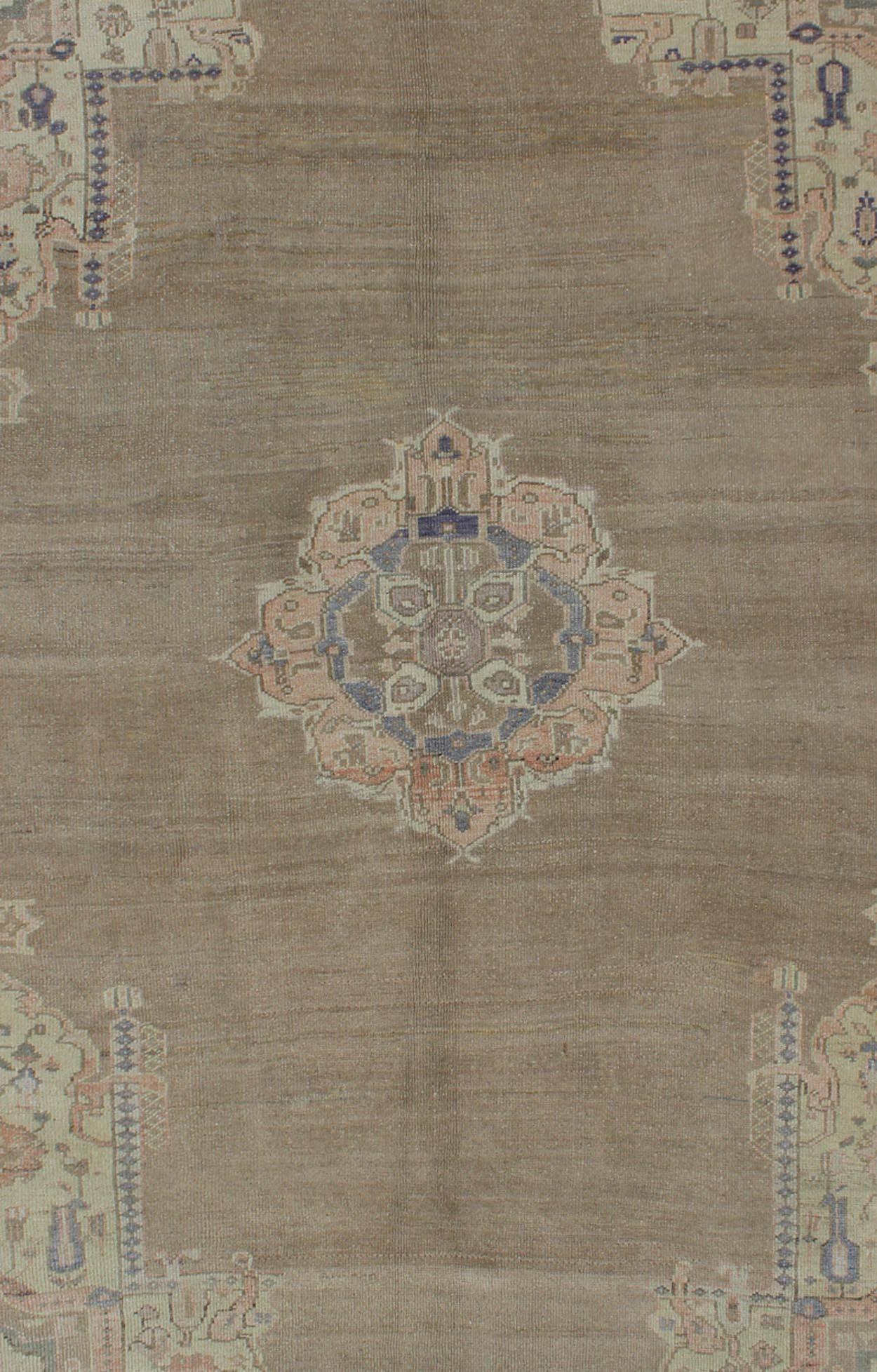 Hand-Knotted Vintage Turkish Oushak Rug with Medallion and Flowers in Taupe, Ivory, Gray For Sale