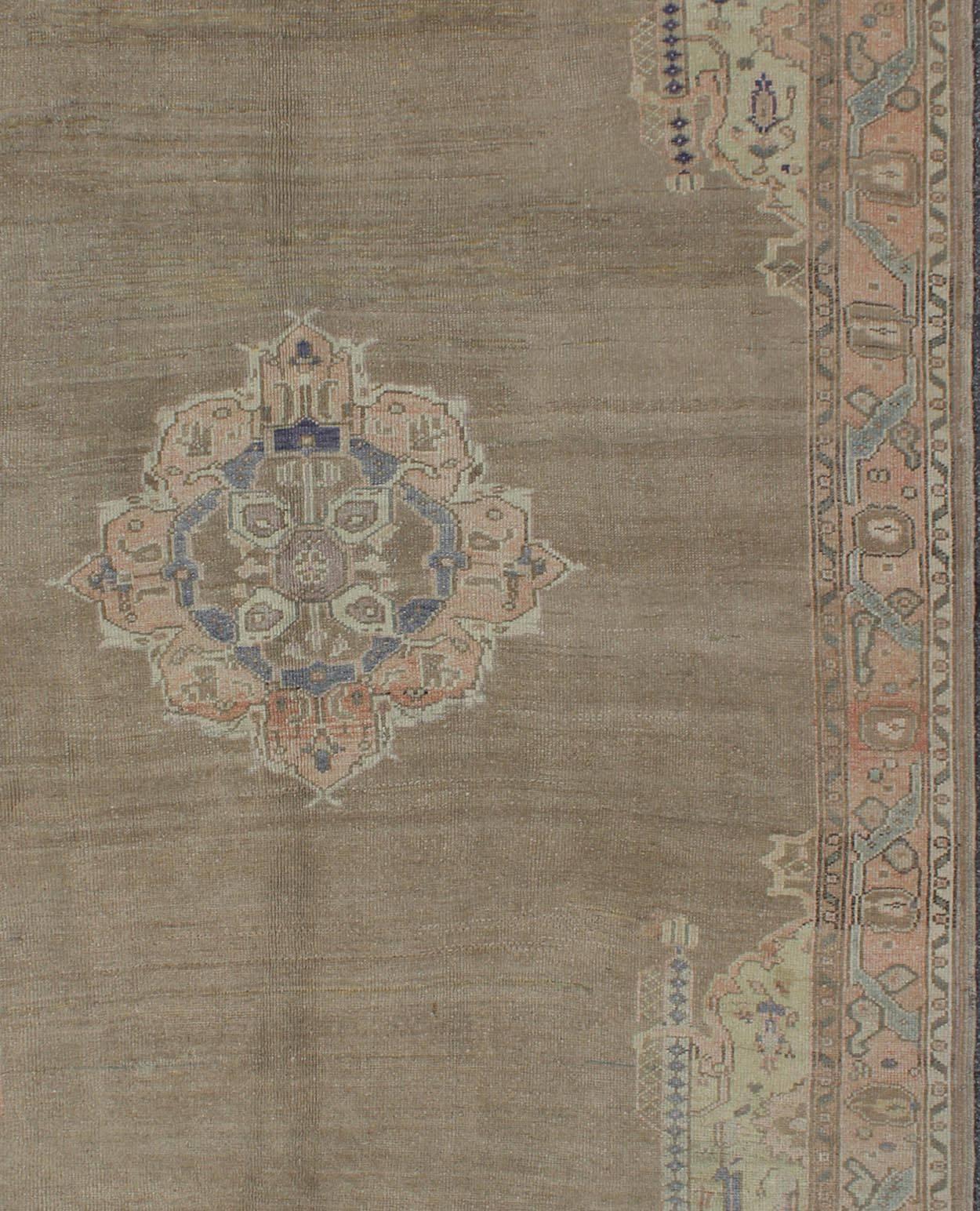 Vintage Turkish Oushak Rug with Medallion and Flowers in Taupe, Ivory, Gray In Excellent Condition For Sale In Atlanta, GA