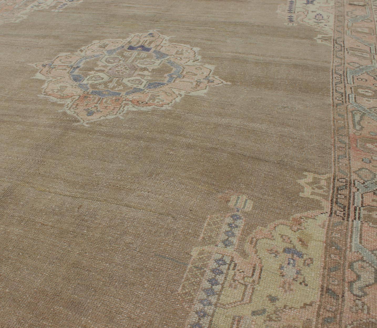 20th Century Vintage Turkish Oushak Rug with Medallion and Flowers in Taupe, Ivory, Gray For Sale