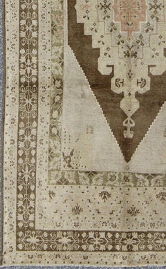 Vintage Turkish Oushak Rug with Medallion Design in Soft Taupe, and Sage Green