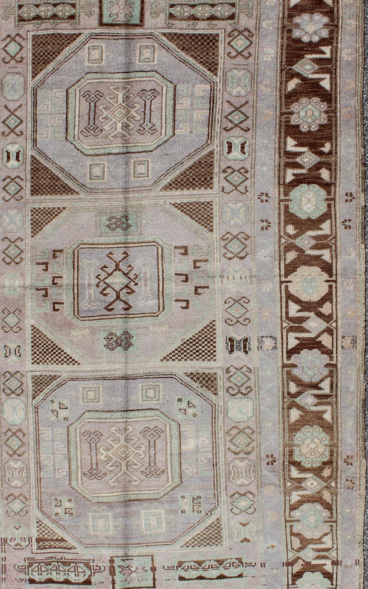 Lavender and Teal Vintage Turkish Oushak Rug with Tribal / Geometric Medallions In Excellent Condition For Sale In Atlanta, GA