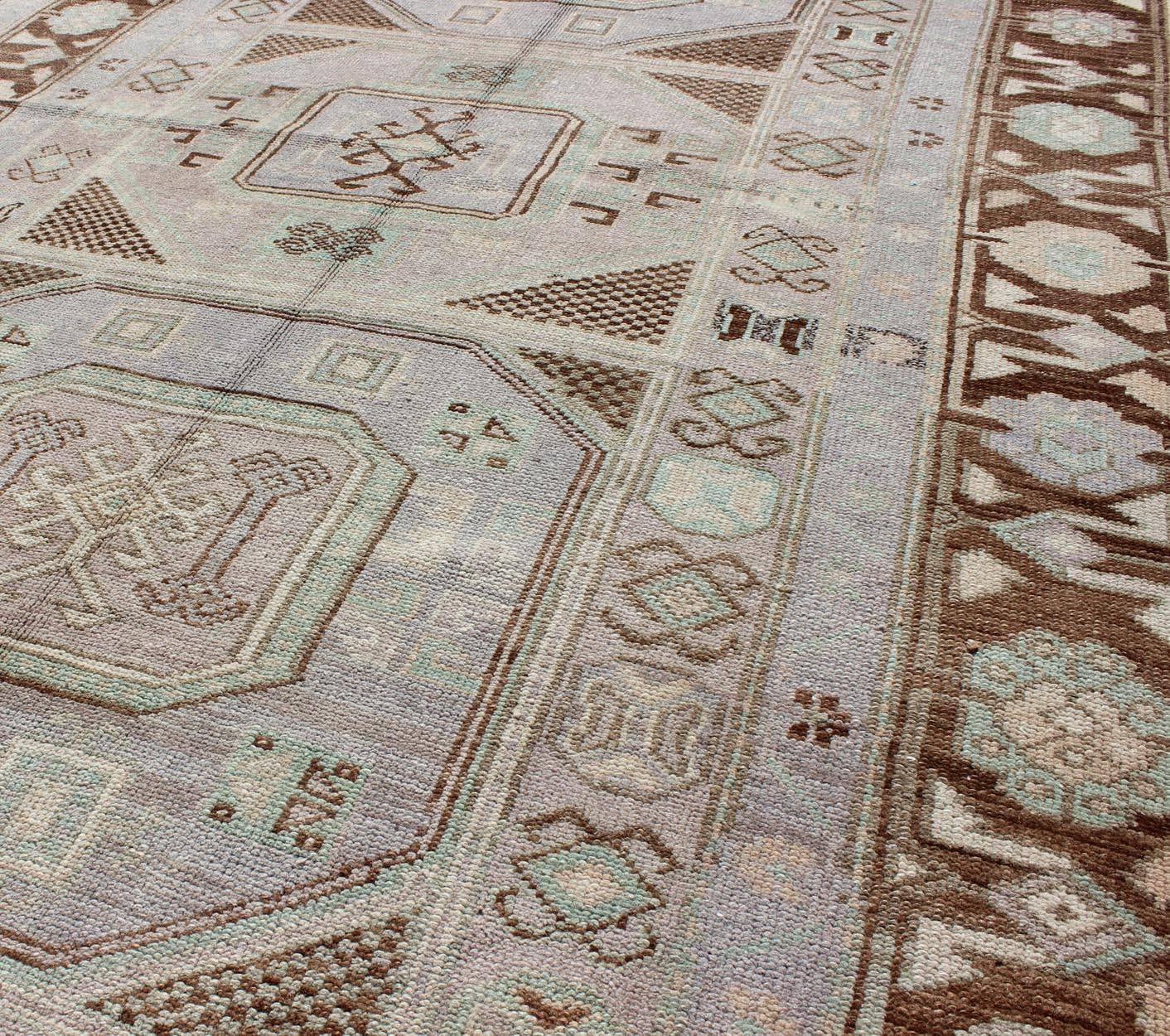 20th Century Vintage Turkish Oushak Rug with Tribal Geometric Medallions in Light Lavender For Sale