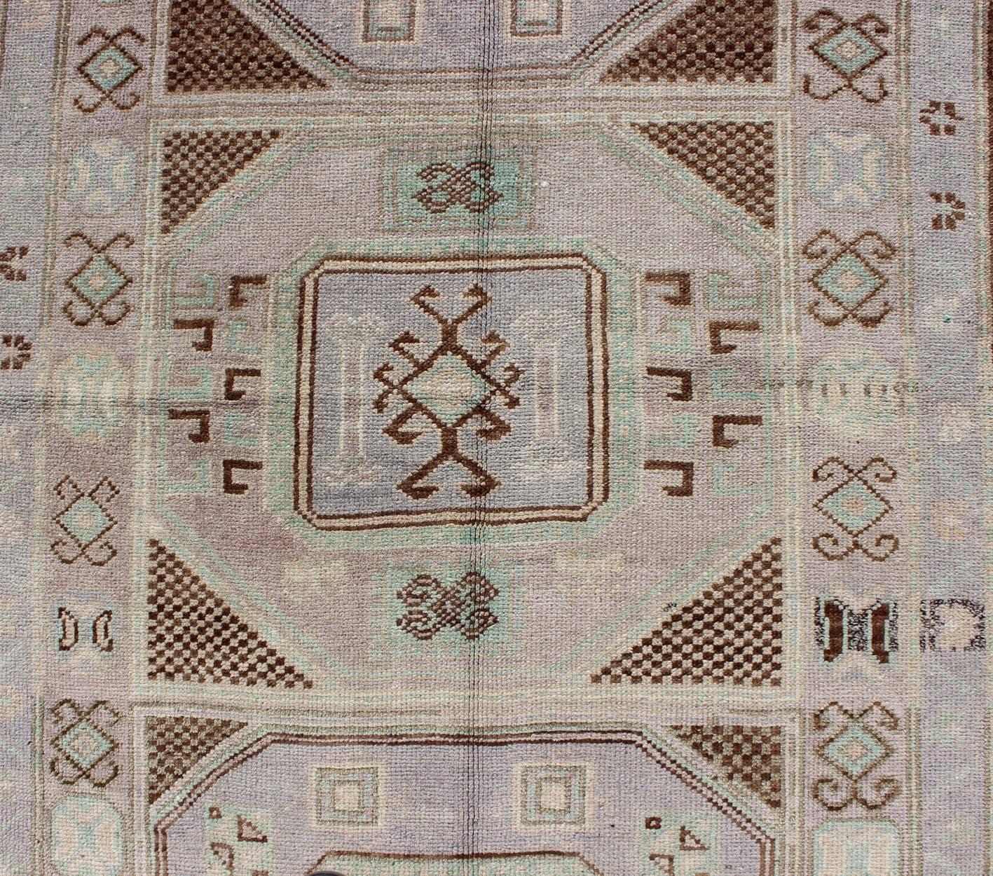 Wool Lavender and Teal Vintage Turkish Oushak Rug with Tribal / Geometric Medallions For Sale