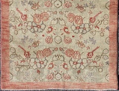 Vintage Turkish Oushak Rug with Pale Cream Field and Soft Rose Border