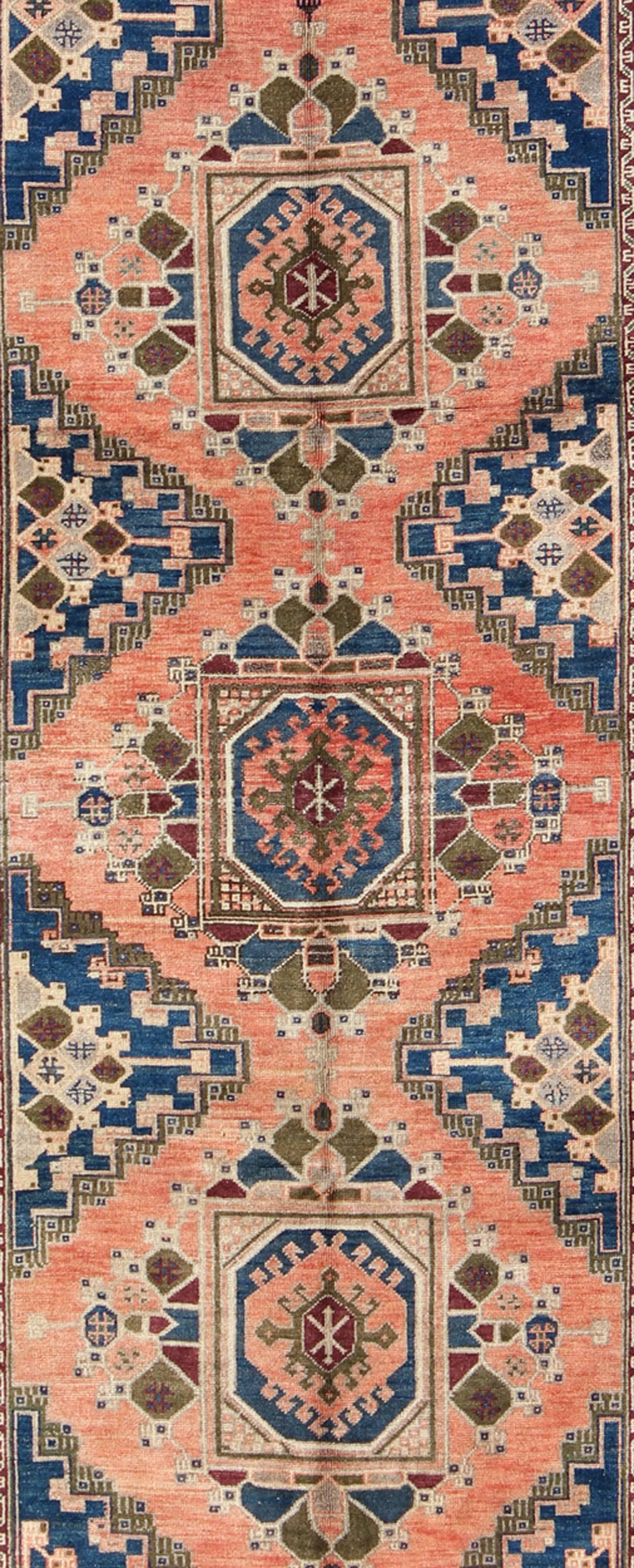 Turkish Vintage Oushak Rug from Turkey with Medallions in Salmon Pink and Blue For Sale