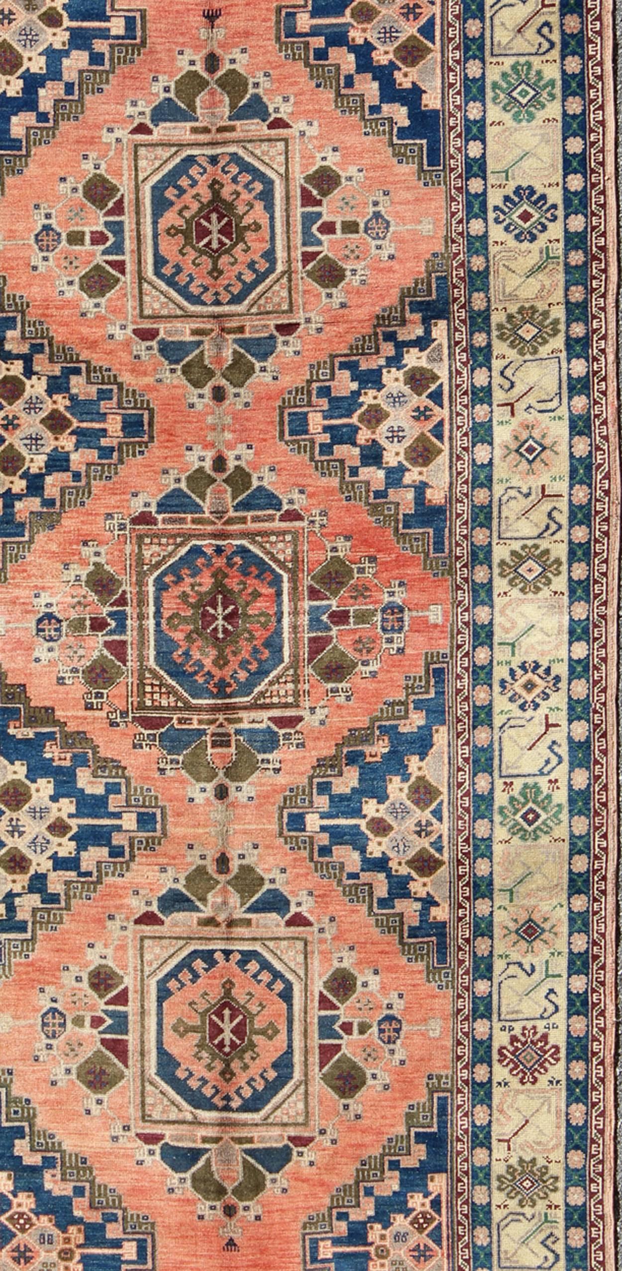 Hand-Knotted Vintage Oushak Rug from Turkey with Medallions in Salmon Pink and Blue For Sale