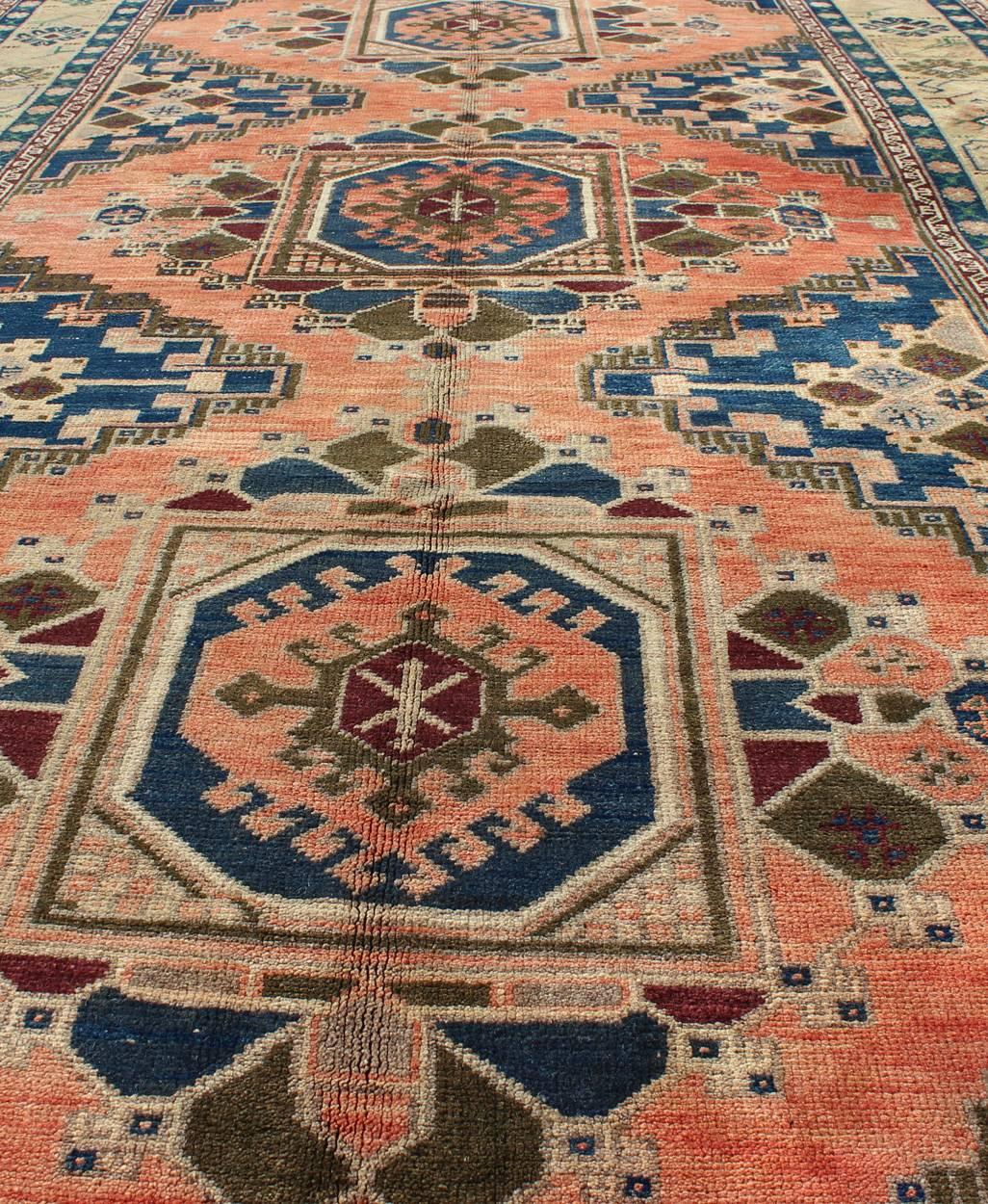 20th Century Vintage Oushak Rug from Turkey with Medallions in Salmon Pink and Blue For Sale