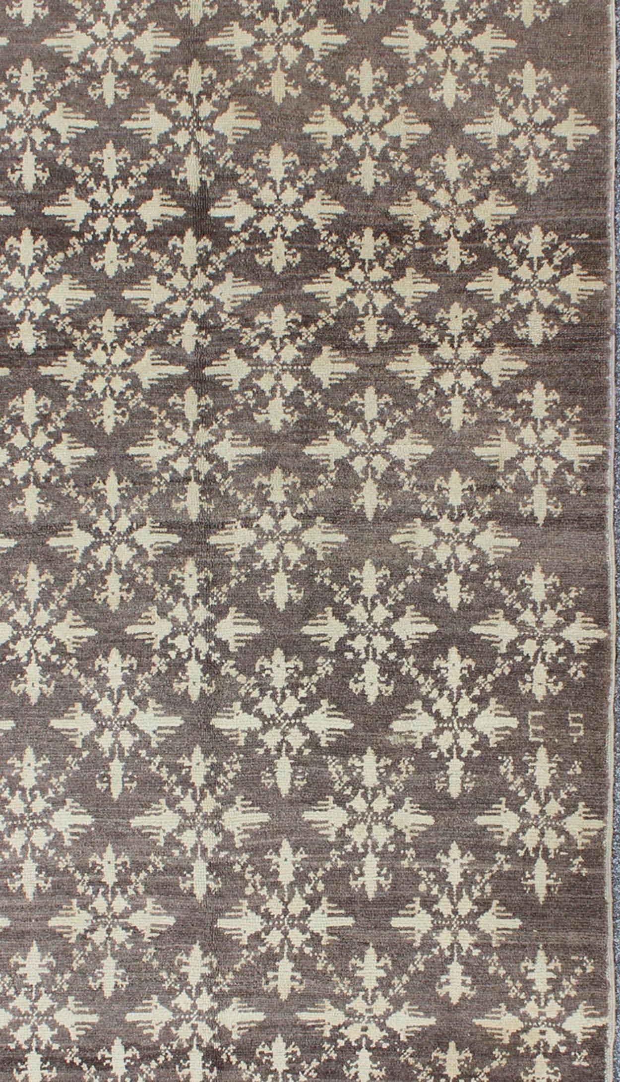 Hand-Knotted Charcoal Background Vintage Turkish Oushak-Tulu Rug with Ivory Flower Blossoms