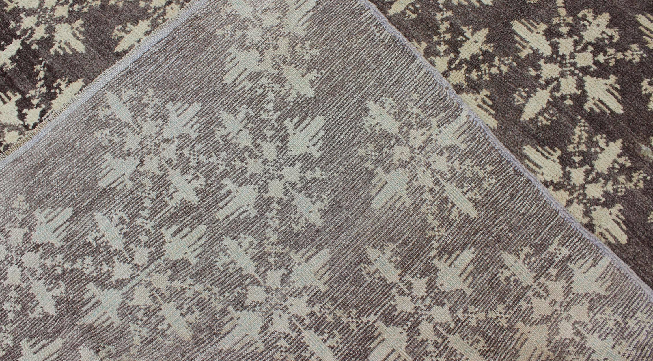 Wool Charcoal Background Vintage Turkish Oushak-Tulu Rug with Ivory Flower Blossoms