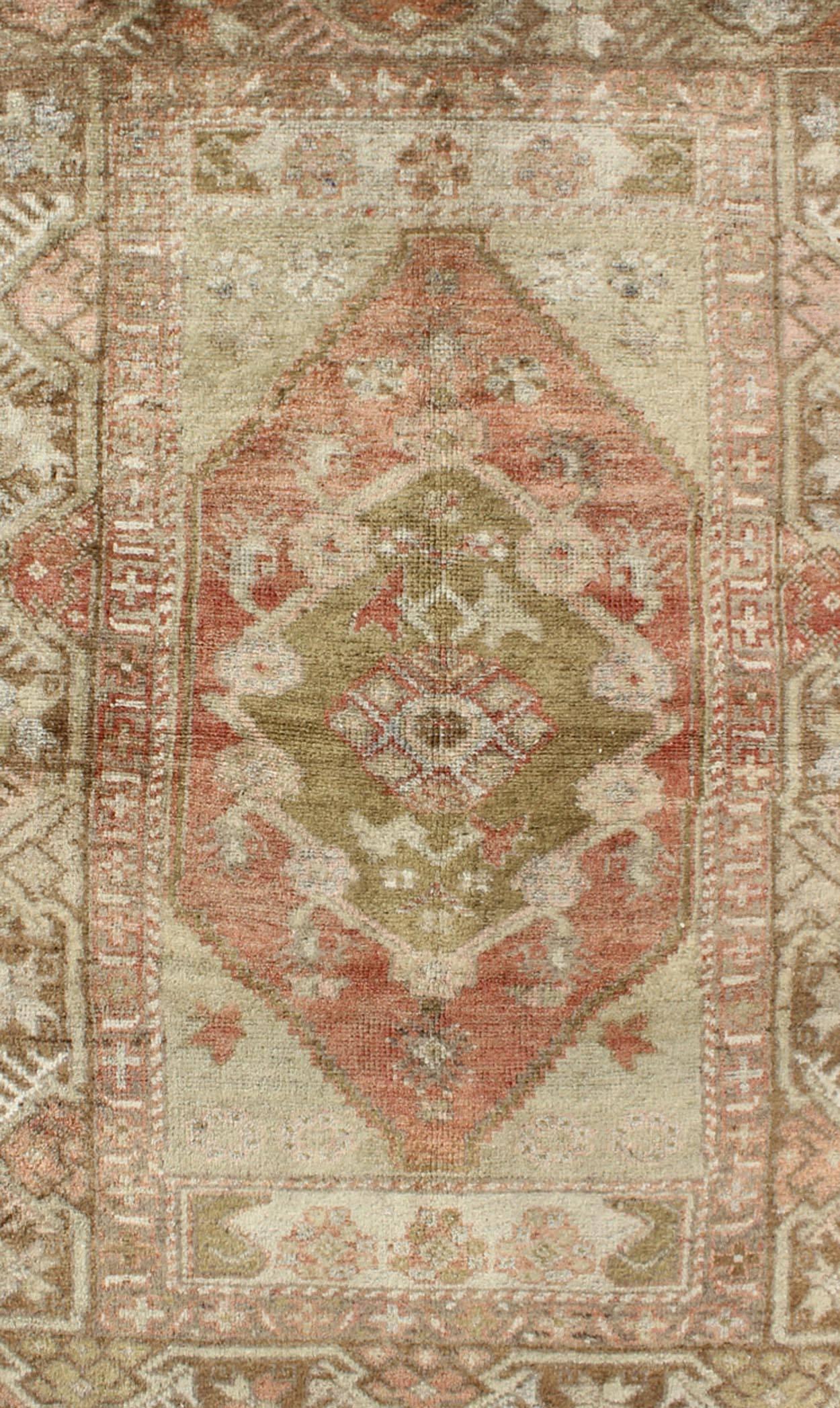 Turkish Oushak Vintage from Turkey Rug with Central Medallion in Green, Coral & Salmon For Sale
