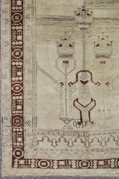 Taupe Background Turkish Vintage Oushak Rug with Tribal Design in Brown & Cream