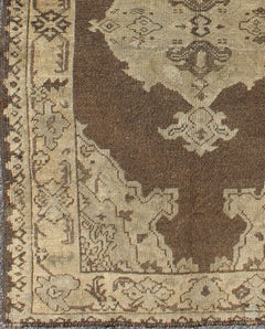 Chocolate Background Vintage Turkish Oushak Rug with Floral Medallion in Cream