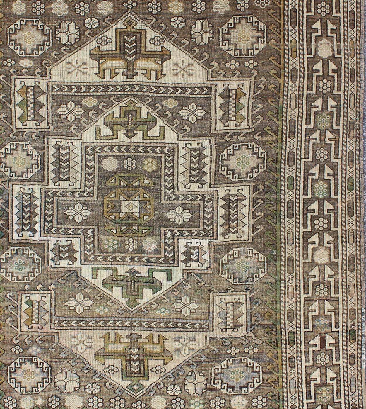 Hand-Knotted Antique Turkish Oushak Rug with Sub-Geometric Medallion in Green and Brown For Sale