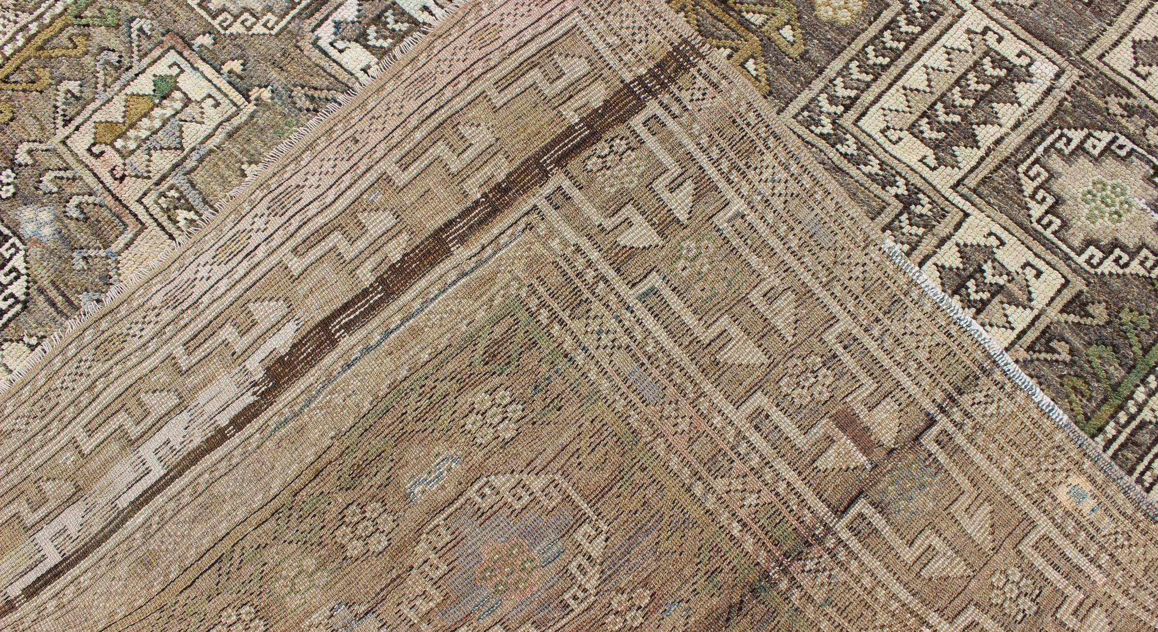 20th Century Antique Turkish Oushak Rug with Sub-Geometric Medallion in Green and Brown For Sale