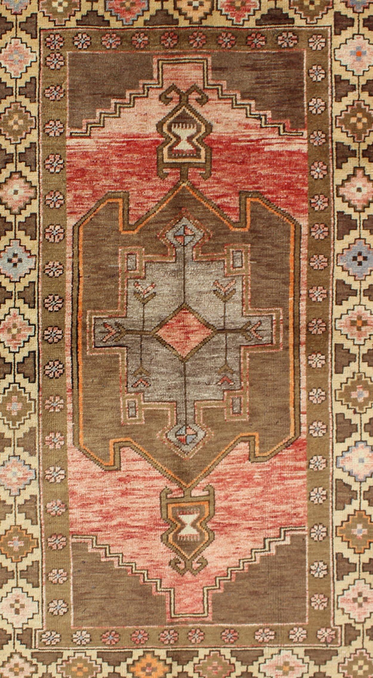 Hand-Knotted Vintage Turkish Oushak Rug with Tribal Design in Rose, Brown and Yellow For Sale