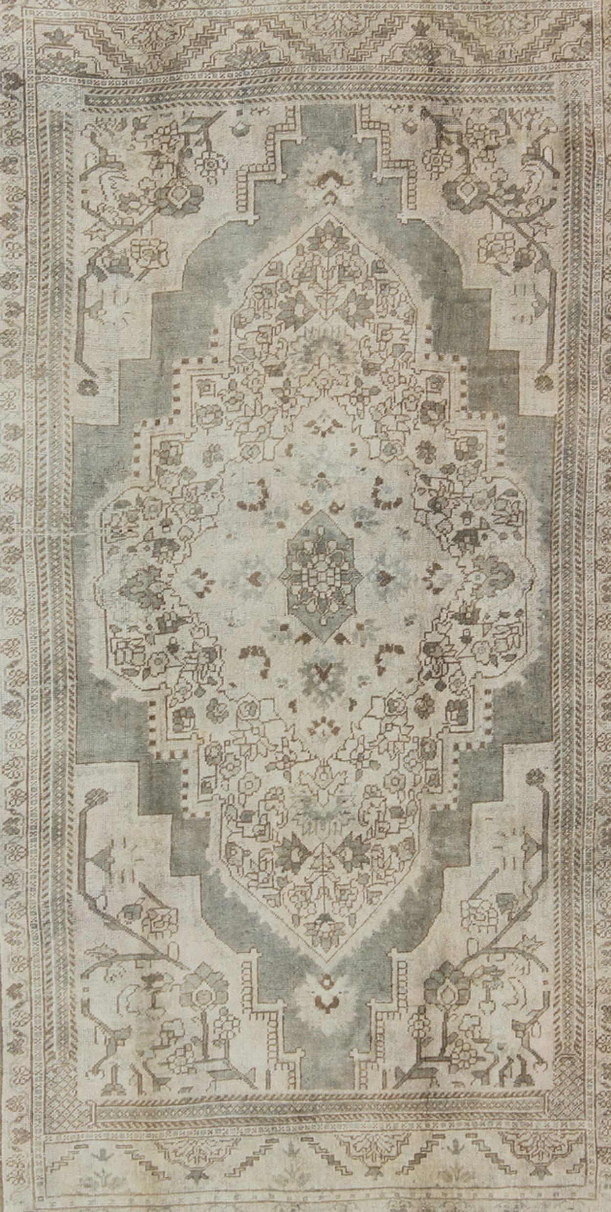 Hand-Knotted Vintage Turkish Oushak Rug with Floral Medallion Design in Ivory and Gray For Sale