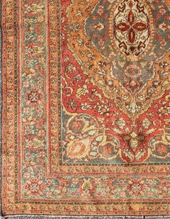 Antique antique Persian Haji Jalili  Rug with Multi-Layere in Red, Teal & Orange