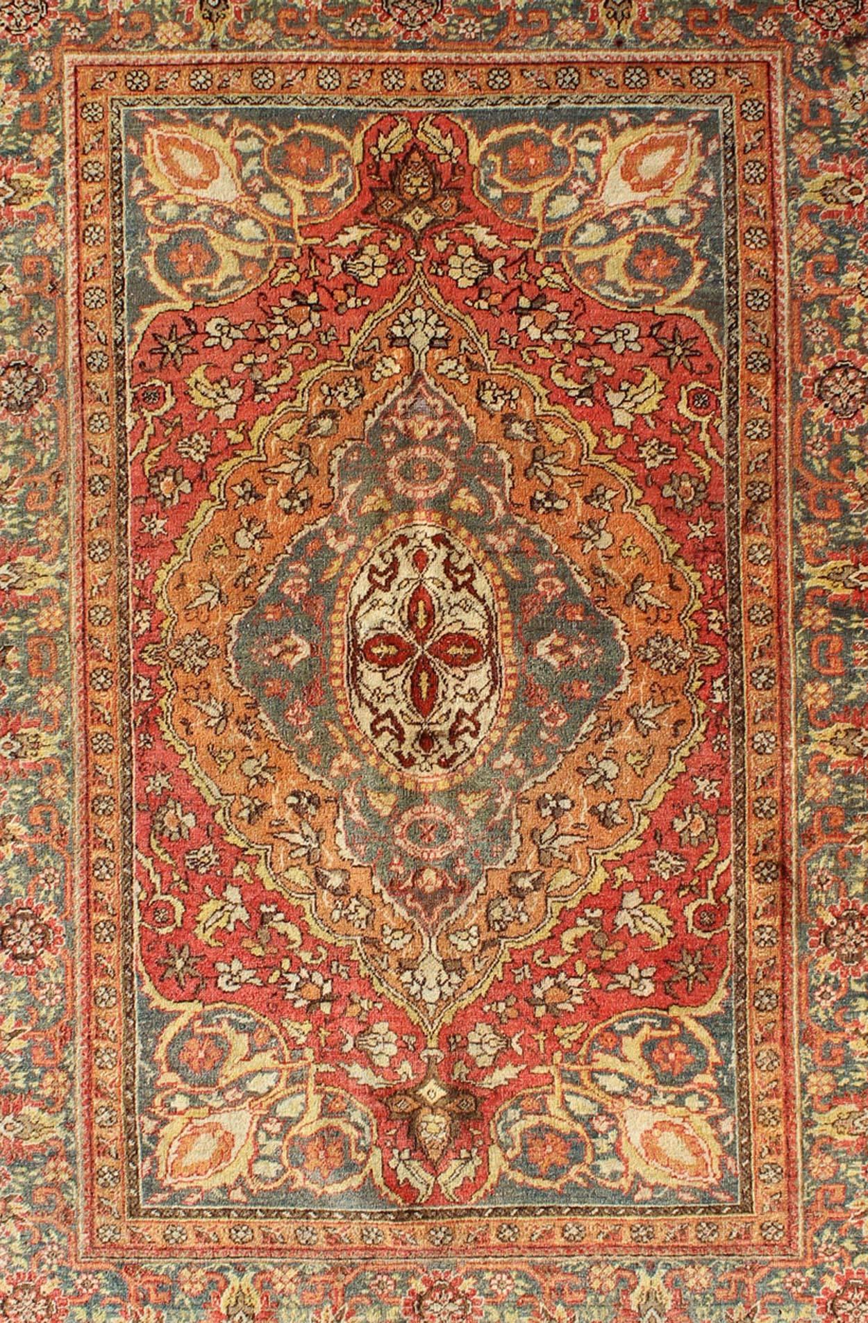Oushak Antique Turkish Sivas Rug with Multi-Layered Medallion in Red, Teal & Orange For Sale