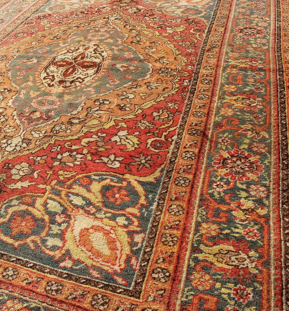 Antique Turkish Sivas Rug with Multi-Layered Medallion in Red, Teal & Orange In Excellent Condition For Sale In Atlanta, GA