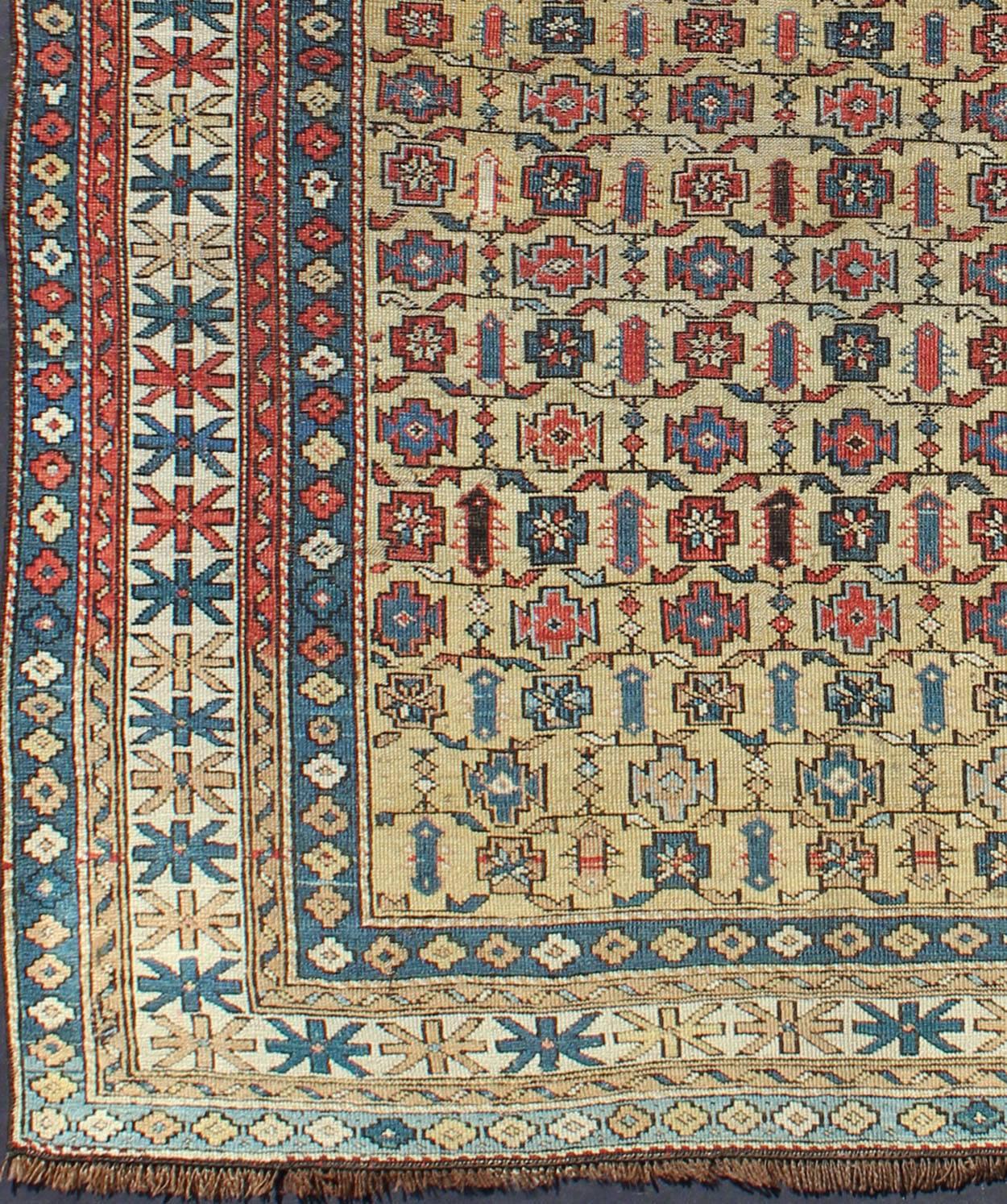 Antique Kuba rug with all-over geometric ornament design in multi-colors. Keivan Woven Arts /  rug S12-0617, country of origin / type: Caucasus / Kazak, circa 1890
Measures: 4'1 x 4'9.
This Kuba rug from the southern Caucasus region features many