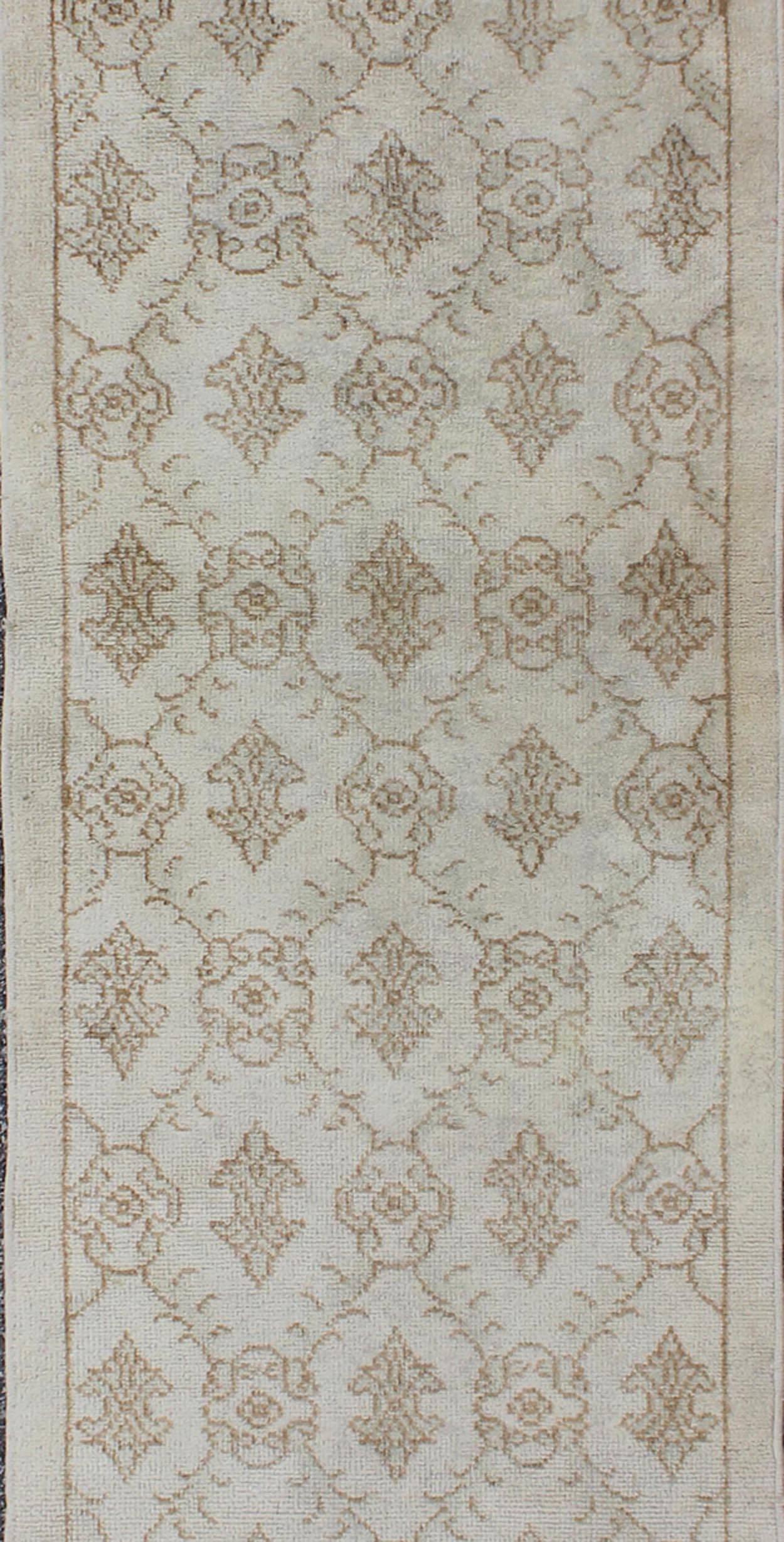 Hand-Knotted Vintage Turkish Oushak Runner with Light Brown All-Over Latticework Design For Sale