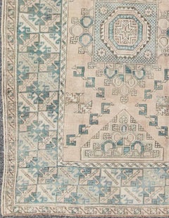 Teal and Cream Vintage Turkish Oushak Rug with Geometric Medallion and Motifs