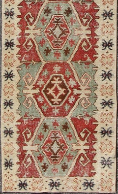 Geometric Medallions Vintage Tribal Turkish Oushak Runner in Green, Brown & Red