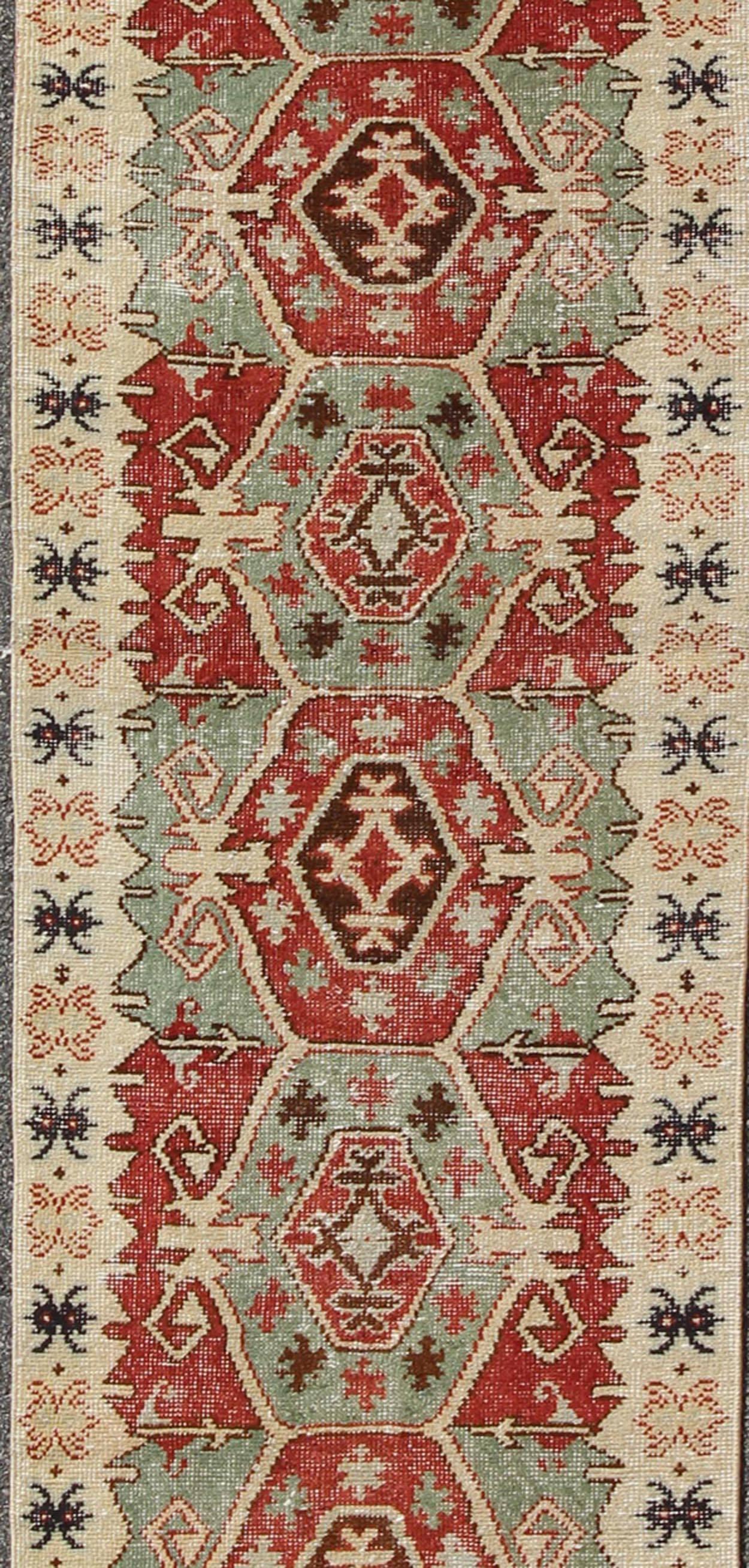 Hand-Knotted Geometric Medallions Vintage Tribal Turkish Oushak Runner in Green, Brown & Red For Sale