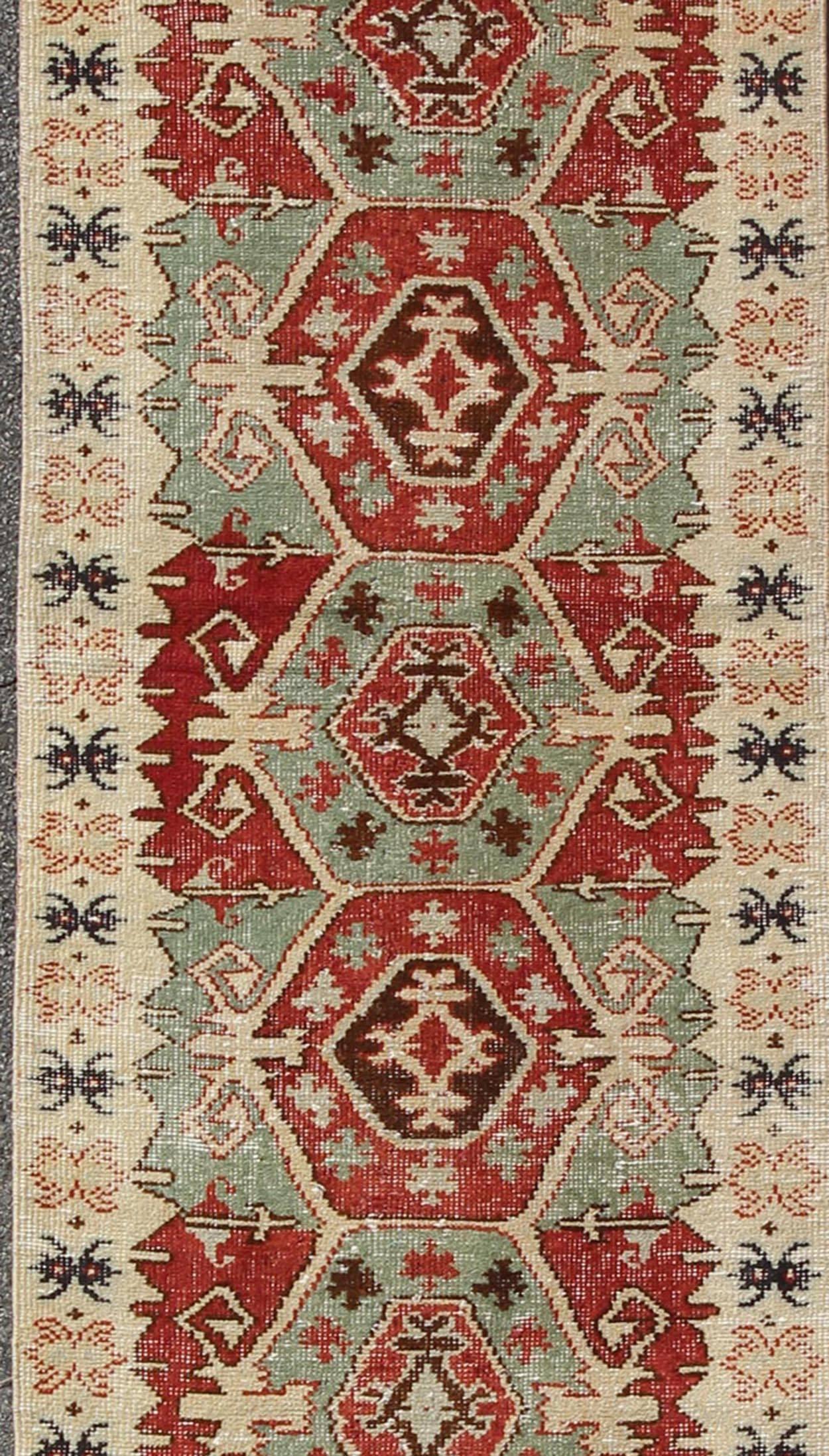 Geometric Medallions Vintage Tribal Turkish Oushak Runner in Green, Brown & Red In Good Condition For Sale In Atlanta, GA