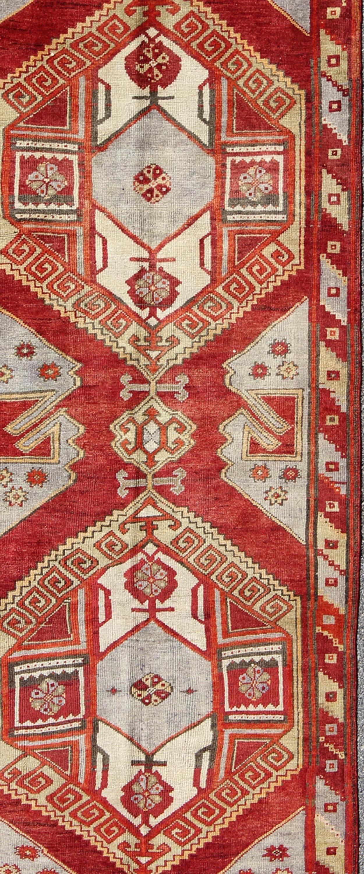Red Mid-Century Vintage Turkish Oushak Rug with Geometric Dual Medallions In Excellent Condition For Sale In Atlanta, GA